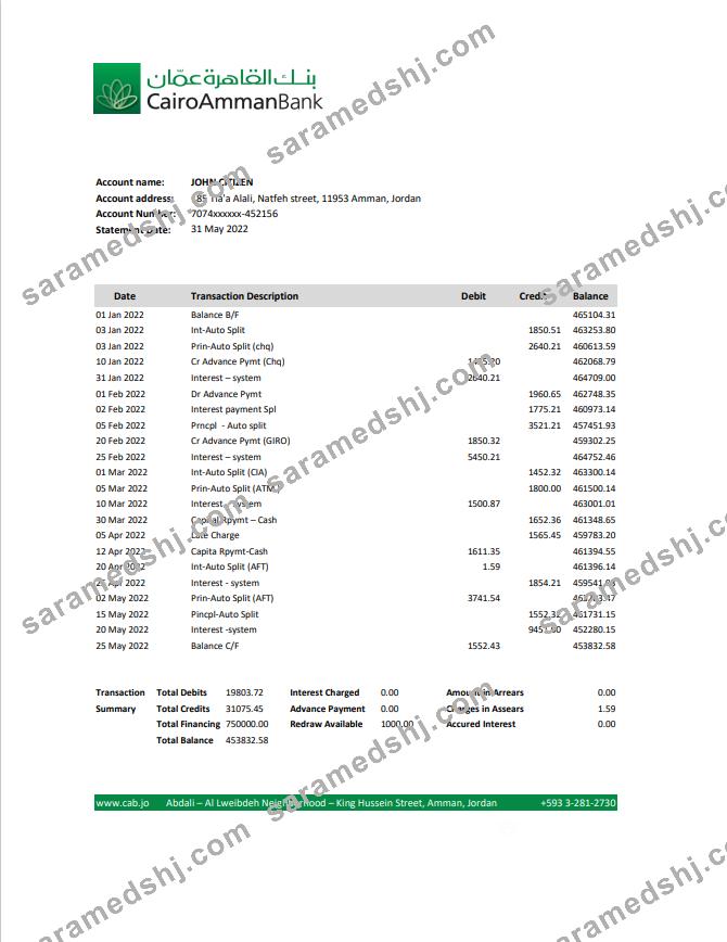 Jordan Cairo Amman bank statement template, Excel and PDF format